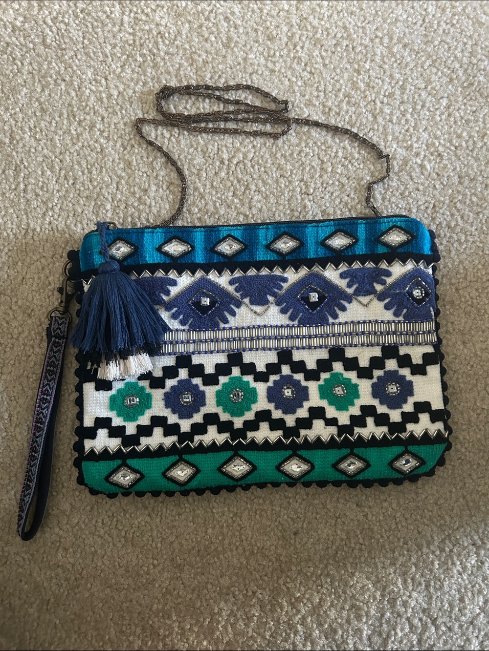 Embroidered Teal & Blue Crossbody Bag with Tassel Accent